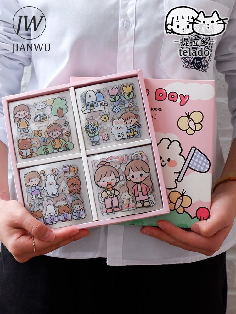 JIANWU 20 Sheets Cute Girl Journal Sticker Gift Box PET Kawaii Stationery Scrapbooking Decoration Material Diary Phone Stickers